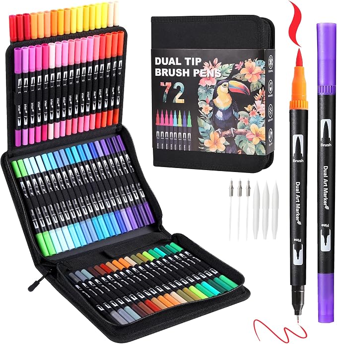 72 Colors Dual Tip Watercolor Markers Pens for School Supplies-Brush & Fine | Coloring Markers No Bleeding for Adult Coloring Books Calligraphy Card Making Sketching Journaling Note Taking Planner Travel