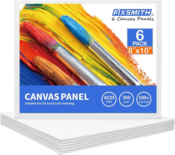 FIXSMITH Canvas Boards for Painting 8x10 Inch, Super Value 6 Pack White Blank Canvas Panels, 100% Cotton Primed, Painting Art Supplies for Professionals, Hobby Painters, Students & Kids