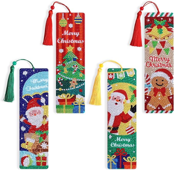 icceemee 4 Pcs Christmas Theme Diamond Painting Bookmarks, DIY Diamond Art Kits for Adults, Book Corner Protecting Bookmark Craft Supplies Kits for Book Lovers