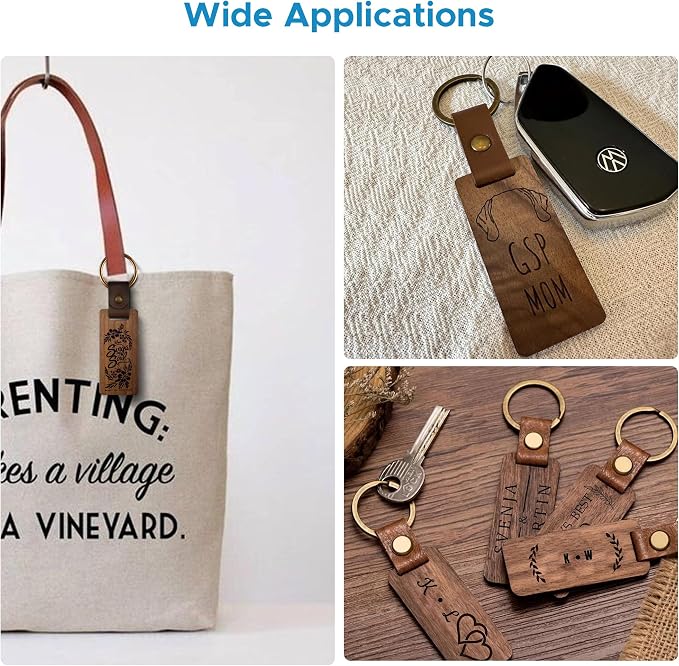OMTech Wooden Keychain Blanks, Wood Key Chain Bulk, Unfinished Wooden Key Rings Key Tags for Laser Engraving DIY Craft Gift