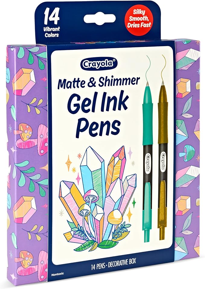 Crayola Gel Ink Pen Marker Set, 14 Matte & Glitter Pens, Gel Pens for Coloring, Fine Point, Gift for Kids & Teens, Ages 4+