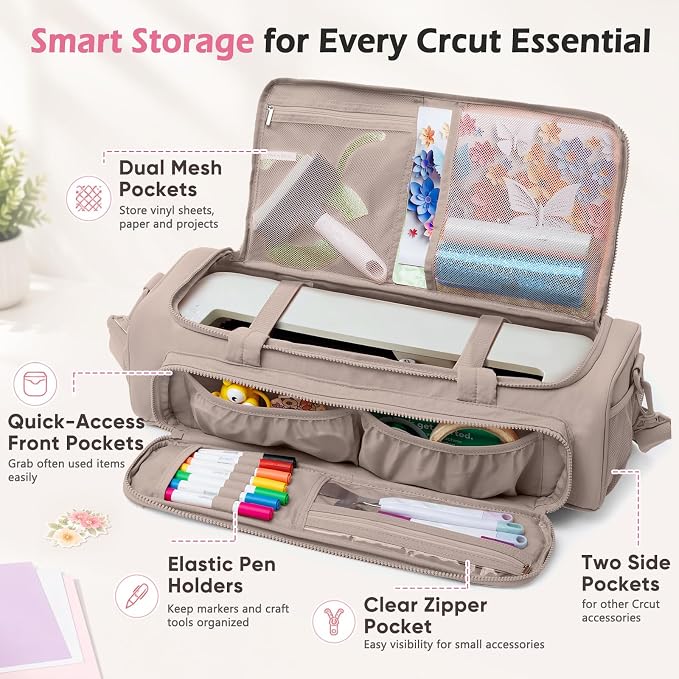 AMOIGEE Puff Carrying Case for Cricut Explore 5, Quilted Storage Bag for Die-Cutting Machine, Travel Craft Tote with Pockets for Vinyl, Tools, Mats and Cricut Accessories and Suppliers