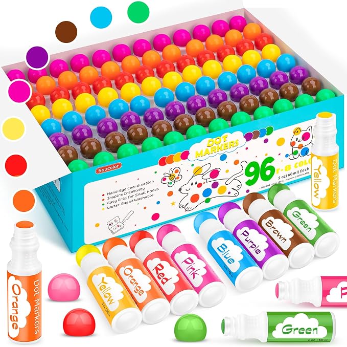 Soucolor 96-Pack Washable Dot Markers for Kids & Toddlers 8 Vibrant Colors