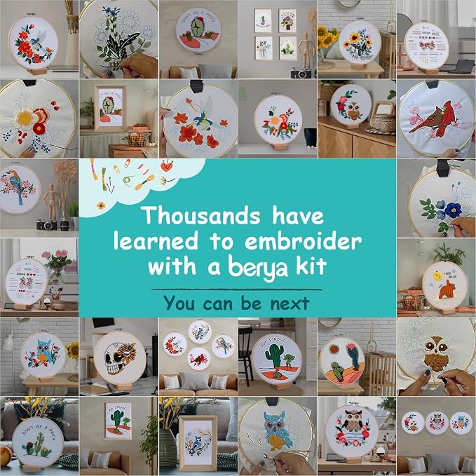 BERYA Cactus Embroidery Kit Including Video Step by Step Instructions Embroidery Hoop,Color Threads and Embroidery Scissors for Beginners-Handmade Needlepoint Kits for Adults