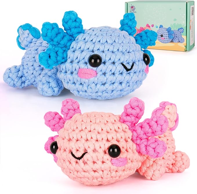 Crochetta Crochet Kit for Beginners, Beginner Crochet Starter Kit w Step-by-Step Video Tutorials, Learn to Crochet Kits for Adults Women Men, DIY Knitting Supplies, Axolotls (Blue and Pink)