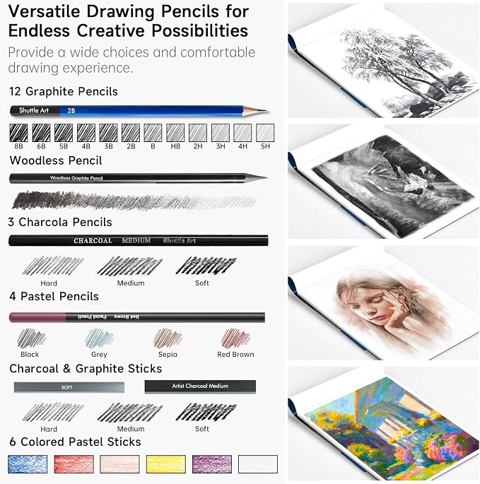 Shuttle Art 52 Pack Drawing Pencils Set, Professional Art Kit with Graphite Charcoal Sticks, Drawing Pad in Portable Case, Ideal for Kids and Adults Artists
