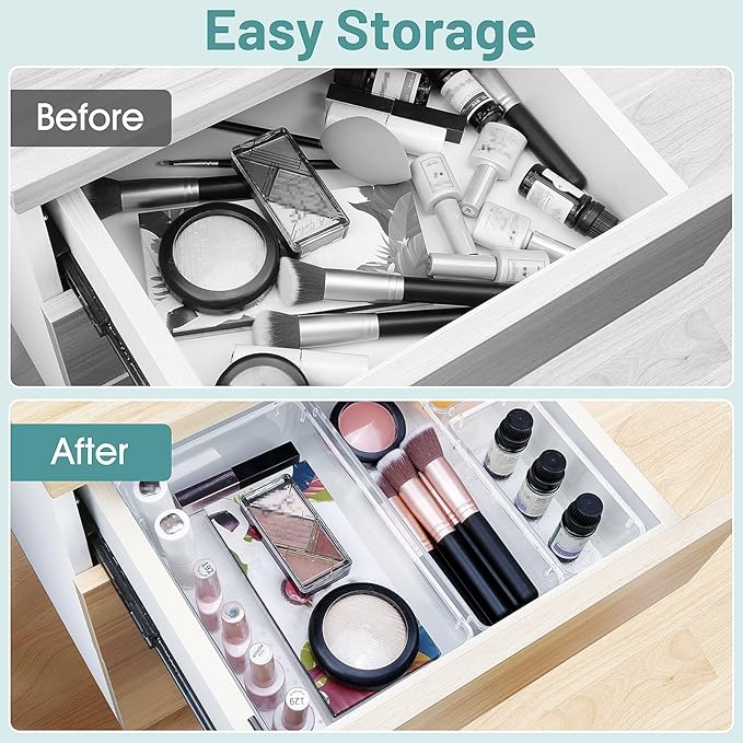 25 PCS Clear Plastic Drawer Organizer, Makeup Organizers and Storage Bins | 4 Sizes Desk Drawer Divider Organizers and Storage Bins for Makeup, Jewelry, Gadgets for Kitchen, Bedroom, Bathroom, Office