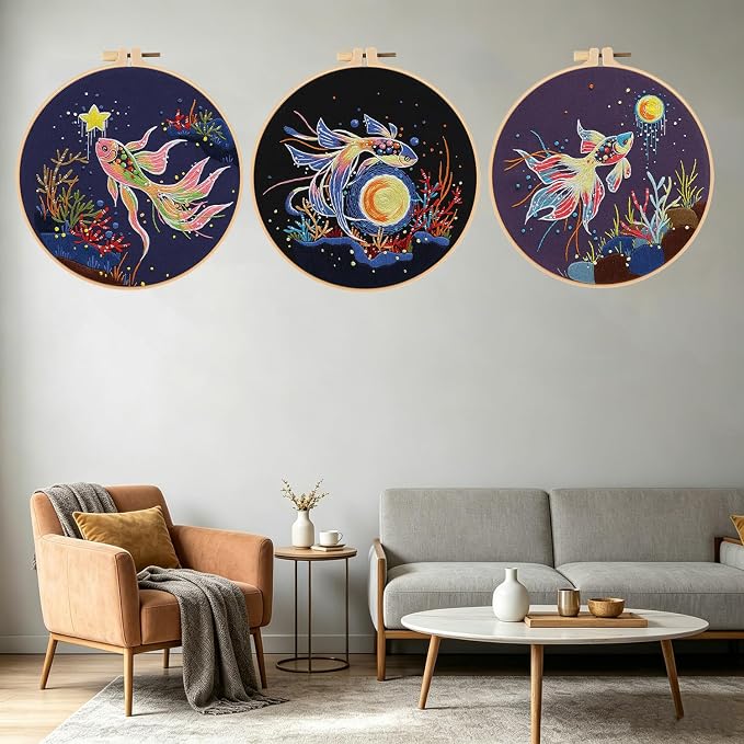 Konrisa Stamped Embroidery Kit for Adults, 3 Set Elegant Goldfish DIY Sewing Needlepoint Cross Stitch Kit with Embroidery Floss,Hoops,Color Thread,Needle,1 pc Hoop