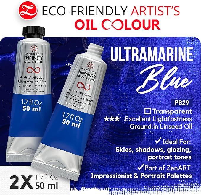 ZenART Professional Oil Paint Set - Artist Grade Ultramarine Blue - 2x50ml | Non-Toxic, Buttery Consistency, Rich Pigment, Lightfast Oil Paints for Primed Surface Canvas, Fine Art, Portraits & Landscape