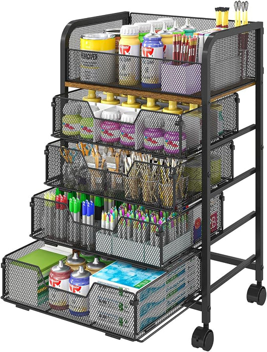 Yociyoga 5-Tier Craft Cart with Wheels-Rolling Storage Cart with Drawers,Rolling Utility Cart with DIY Divider,Art Supply Organizer Cart,Rolling Cart with Drawers,Craft Organizers and Storage,Black