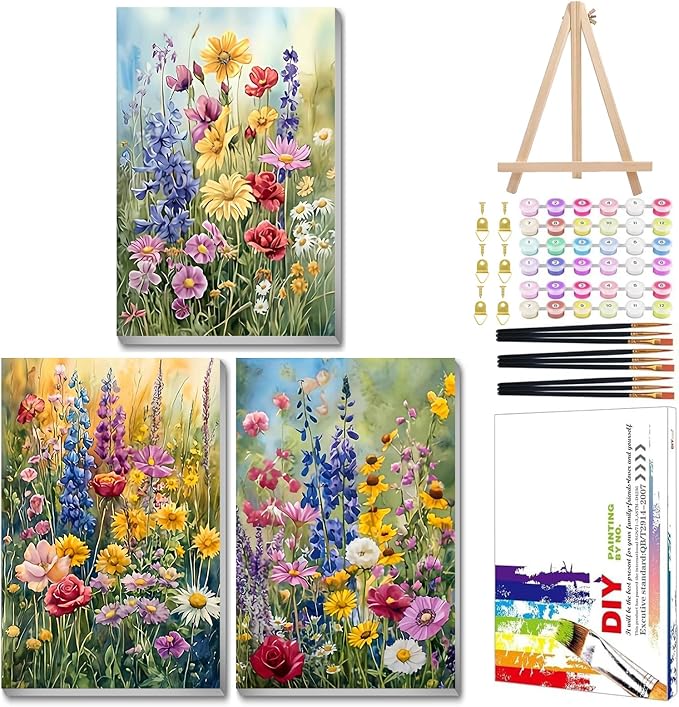 Mandun Wild Flowers Paint by Numbers Kit for Adults, 3 Pack, 7.8x11.8 inch | DIY Painting Kits Crafts for Adults, Relieve Stress, Frame Canvas, Wooden Easel, Gift Box, Home Wall Decor