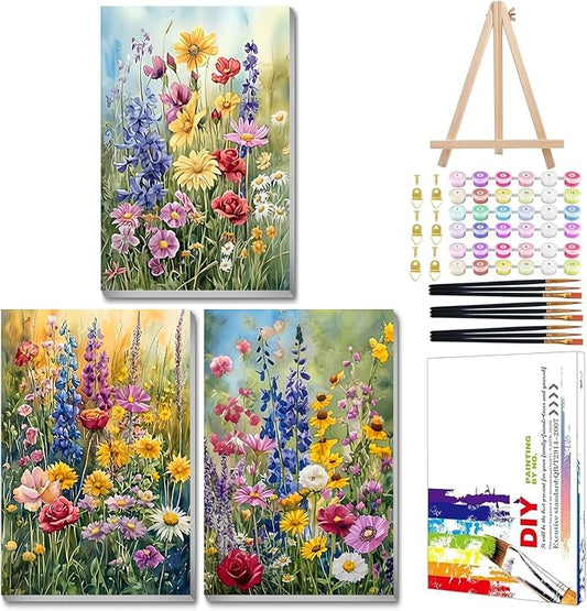 Mandun Wild Flowers Paint by Numbers Kit for Adults, 3 Pack, 7.8x11.8 inch | DIY Painting Kits Crafts for Adults, Relieve Stress, Frame Canvas, Wooden Easel, Gift Box, Home Wall Decor