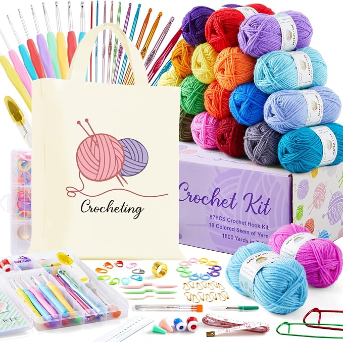 INSCRAFT Crochet Kit for Beginners Adults, 18 Large Acrylic Yarn Skeins 1800 Yards Yarn, 105 PCS Crochet Kit with Hooks Yarn Set,Includes Canvas Tote Bag, Ideal Starter Pack for Professionals