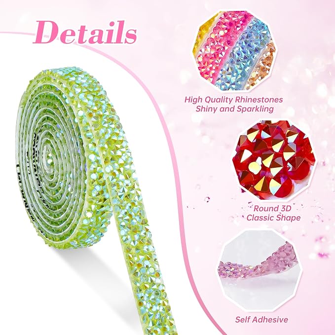 NiArt 6 Rolls Self Adhesive Rhinestone Ribbon 6 Yards DIY Candy Colors