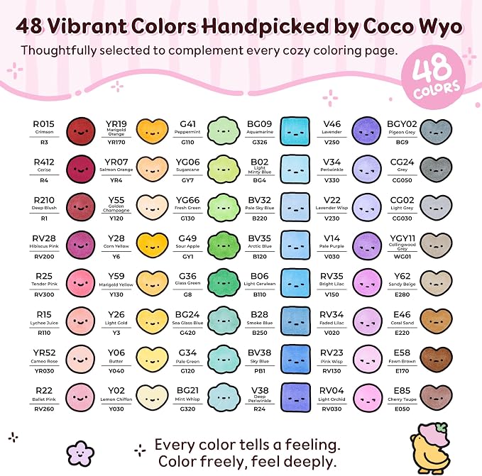 Ohuhu × Coco Wyo Coloring Set 48 Alcohol Markers& Coloring Book Brush& Fine | Co-branded Coloring Kit, 48-color Dual Tips Honolulu B, for Adults Beginners Artists Cozy Coloring, Great Gift Idea