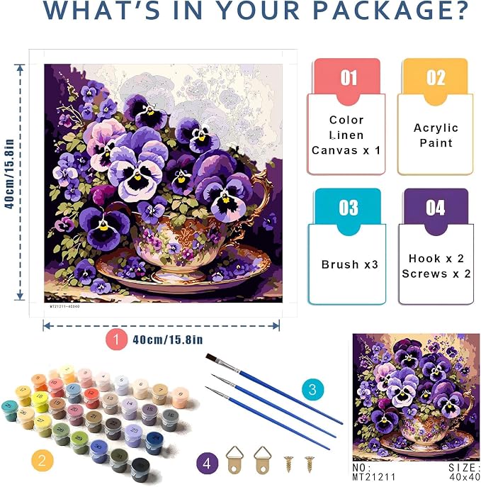 Flower Paint by Numbers Kit for Adults, Paint by Number for Adults Flowers | Floral Painting by Numbers Kit on Canvas for Gift Home Wall Decor(Flower,16x16 inch) Frameless