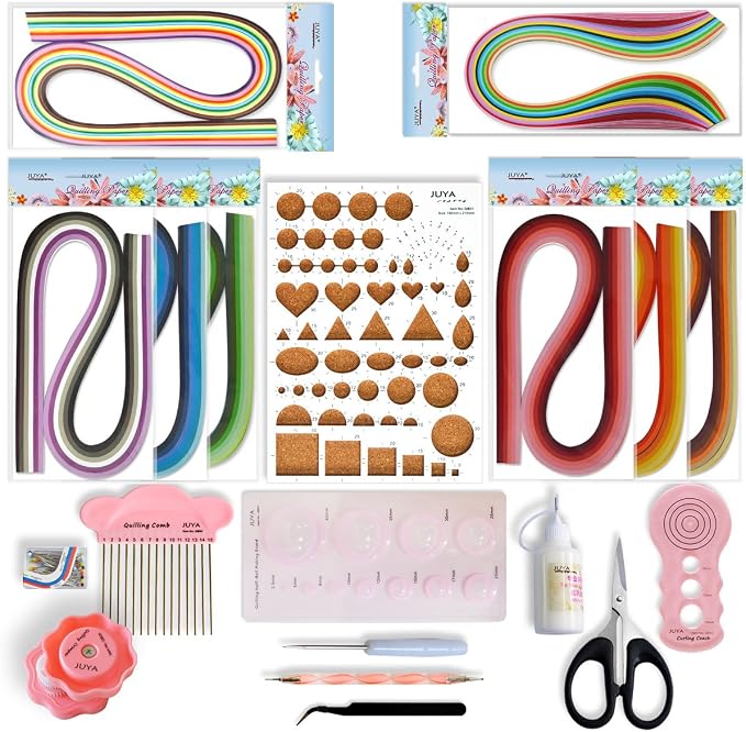 JUYA Paper Quilling Kit 960 Strips with 12 Tools, Glue, Pink Set, 3mm