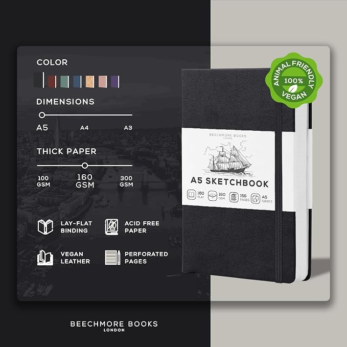 Beechmore Books A5 5.8x8.3 Mixed Media Sketchbook 160 GSM/98LB, Gift Box | Hardcover Art Journal with Lay-Flat Binding, 156 Perforated Ivory Pages, Portable Size for Drawing, Ink & Light Watercolor
