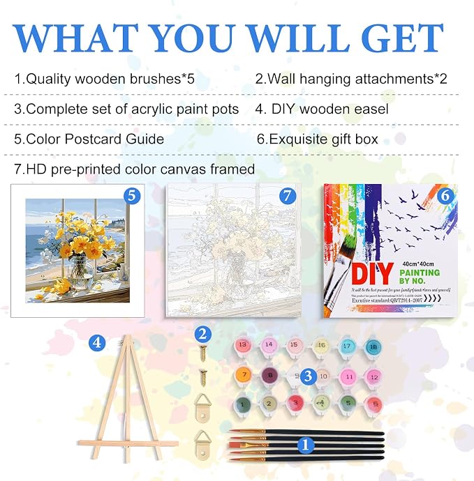 PRASIO Framed Paint by Numbers Kit for Adults Beginner with Easel, Flowers Adult Paint by Number Kits on Canvas Framed, DIY Acrylic Watercolor Oil Paint by Number with Frame for Home Decor 16x16 Inch