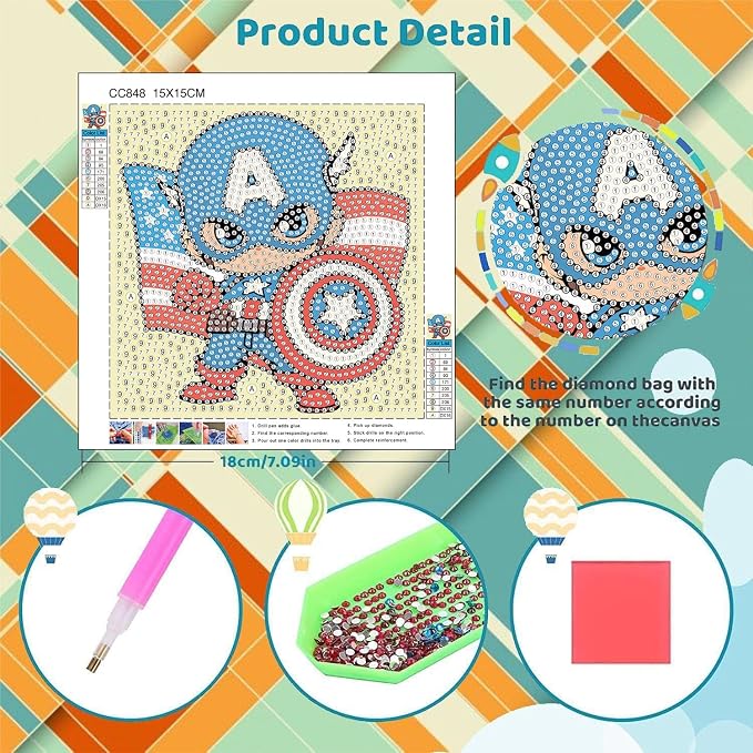 Sretoul 4 Pack Cartoon Diamond Art Kits for Kids 6X6 inch Without Frame | Cartoon Diamond Art Painting Kits for Girls, Crafts for Kids Ages 4-8 Cute Gem Arts for Kids Ages 4 8 12 for Home Wall Decor