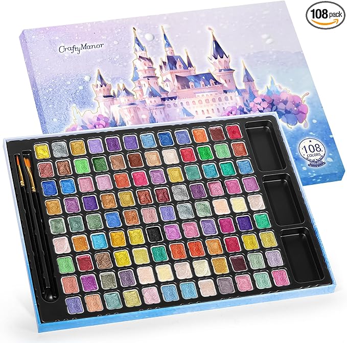CraftyManor Mini Forestry Shifting Watercolor Painting Set, 108 Color Shifting Watercolor Paint Sets, Shimmer Metallic Watercolor Paints Set, Glitter Watercolor Paint, Solid, Fantasy Forest Style, Upgraded