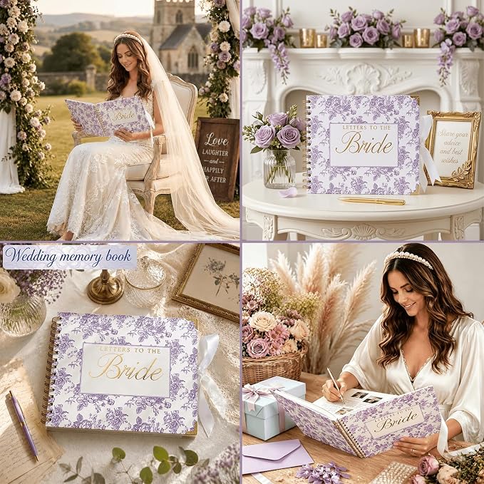 Ratutodax Letters to The Bride Scrapbook Kit,10"x8" DIY Wedding Guest Book | Purple Floral;Lay-flat gold coil design;50 blank pages of 180gsm;Fits 5" x 7" photos;160+ accessories;Bridal Shower Gift