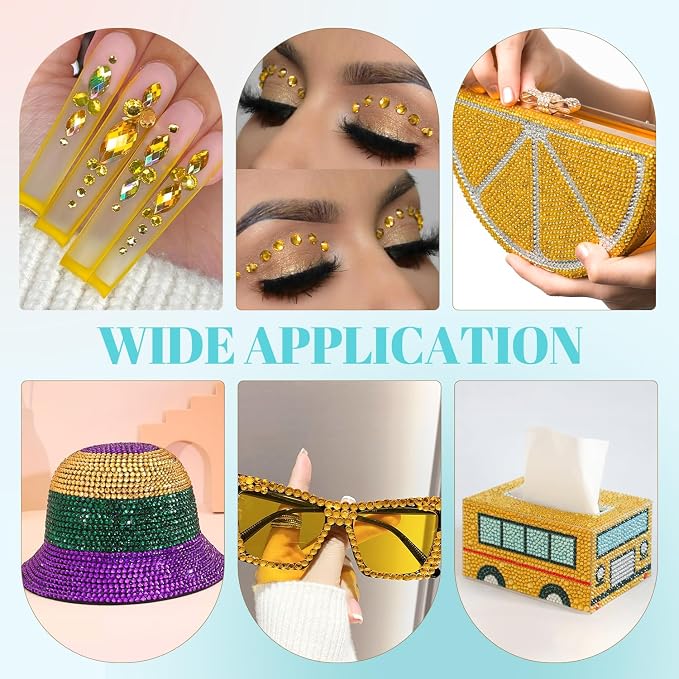 12100Pcs Resin Rhinestones for Crafting with 3Pcs 10ml B7000 Jewelry Glue, 2 Boxes Flatback Crystals Diamond (Golden Yellow) for Bedazzling Crafts DIY Nail Art, Gems for Clothing Shoes