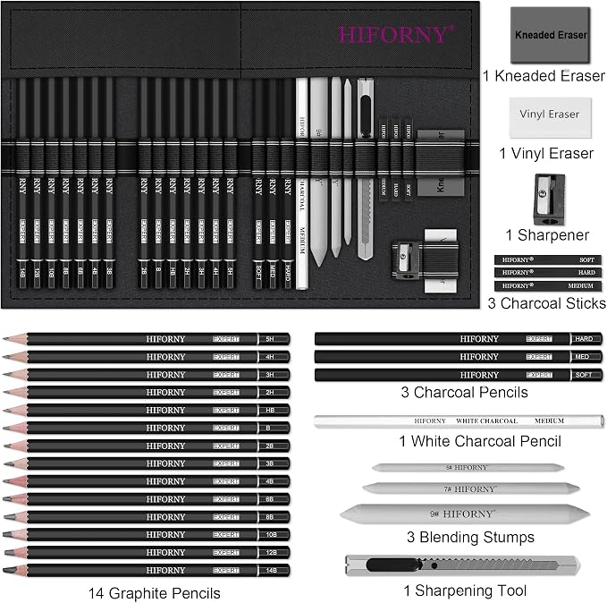 HIFORNY 28 PCS Sketching Drawing Pencil Set,Sketch Pencils Art Supplies with Graphite,Charcoal,Blending Tools,Accessories,Drawing Kit for Adults Artists in Canvas Roll Up Case