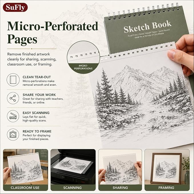 SuFly Sketch Book 9x12, 100-Sheet Drawing Paper Pad, 68lb/100gsm, Acid-Free | Top Spiral Sketchbook, Sketch Pads for Drawing, Art Supplies for Kids & Adults, Art Class Gift for Beginners, Artists & Teens