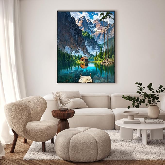 GEEHEIY Paint by Numbers Kit for Adults, Mountain Lake Cabin, 16 x 20 Inch | DIY Adult Paint by Number Kit on Canvas for Beginners, without Frame, Nature Wall Decor, Stress Relief Craft Gift