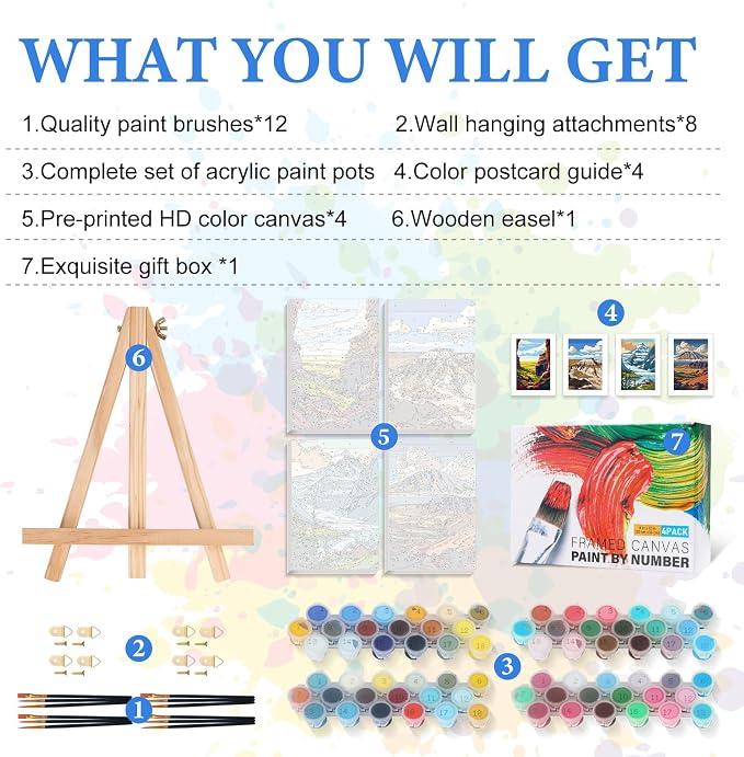 4 Pack National Park Paint by Numbers Kit for Adults Beginner Framed, Mountain Landscape Paint by Number Kits with Frame, DIY Acrylic Adult Paint by Number Kits on Canvas for Home Decor Gift 8x12 Inch