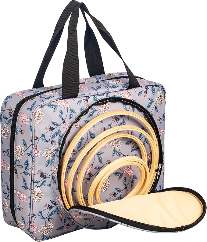 Portable Square Cross Stitch Starter Kits Bag Embroidery Project Bag Embroidery Tool Storage Tote Bag with Multifunctional Pockets, Bag Only (Flower Pattern)