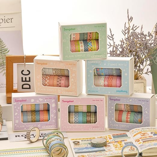 20 Rolls Basic Washi Tape Set Japanese Arts Adhesive Tapes Simple Patterns Decorative Masking Tape Sets for Craft, Kids, Scrapbook, DIY, Gift Wrapping (Style Six)