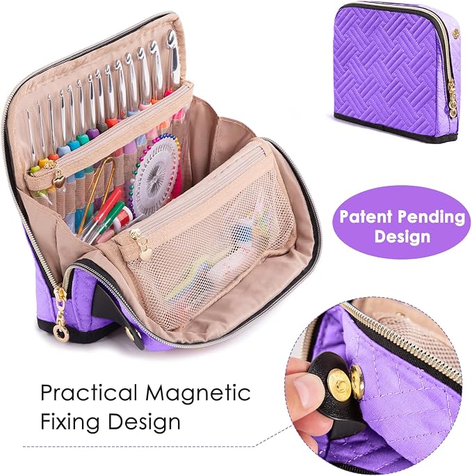 MYBAGZING Crochet Hook Case with 14 Size Crochet Hooks Set 2mm(B)-10mm(N) Ergonomic Crochet Hooks with Crochet Case Stand Up - Crochet Hook Organize for Crochet Lovers, Crochet Kit for Beginners
