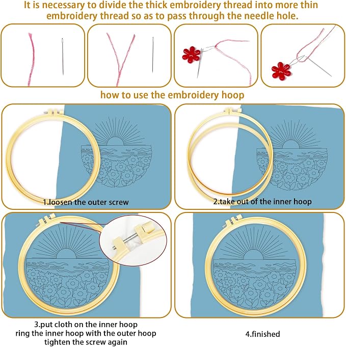 BEUNITONE 6 Set Flower Sea Starter Embroidery Kit with Pre-stamped Pattern Needlepoint Craft Kits with Embroidery Hoops Complete DIY Handmade Cross Stitch Set for Home Decor and Festival Gifts 20x20cm