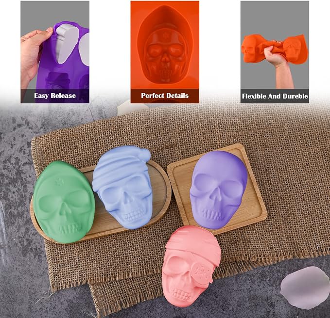 Moukiweek 3D Skull Soap Silicone Mold 2-piece Set Halloween Chocolate Mold Ice Cube Trays Molds Suitable for Cookery Cake Baking and DIY Resin Craft
