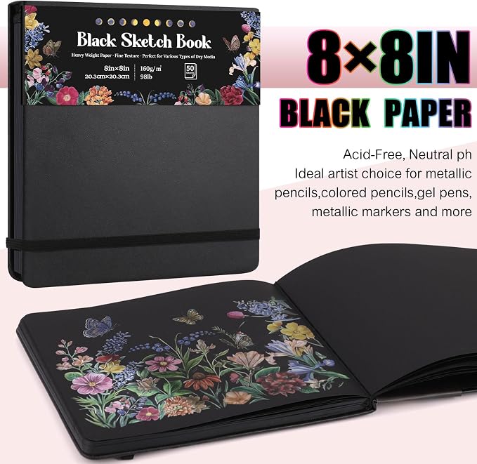 160gsm Black Paper Sketchbook 8 × 8 in, 50 Sheets Black Paper Notebook