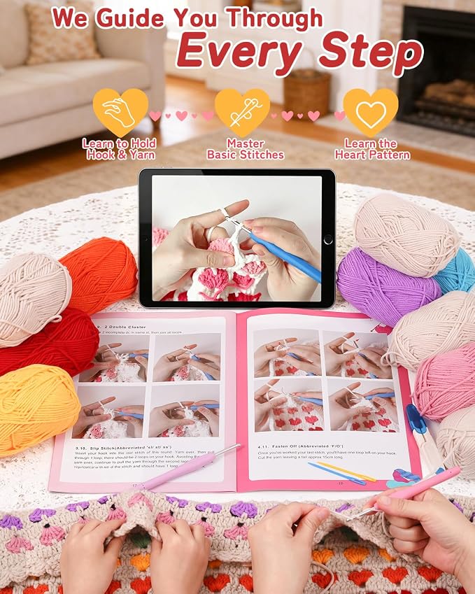 Arborthread Blanket Crochet Kit for Beginners, Crochet Heart Blanket Kit w/Premium Yarns, Detailed Video & Instructions for Adults & Kids – Featuring a Colorful Rainbow Heart Pattern and Edging