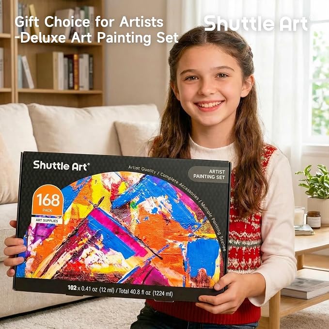 Shuttle Art 168 Pcs Artist Painting Kit, Deluxe Art Kit with Paint, Wooden Easel, Canvases, Paper Pads, Brushes and Other Art Supplies for Adults, Kids and Artists