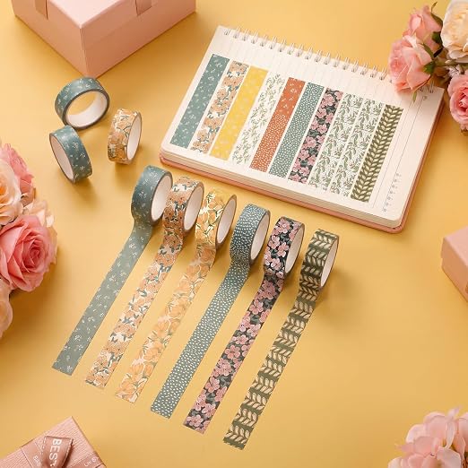 12 Rolls Floral Washi Tape Set,Warm Tones,Botanic | Watercolor Flowers Design for Scrapbook Journal DIY Craft School Supplies, 15 mm Vintage Decorative Masking Washi Tapes