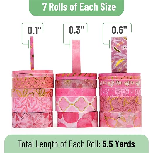 Mr. Pen- Washi Tape Set, 21 Rolls, Assorted Sizes, Floral Pink | 5.5 Yards/Roll, Washi Tape for Scrapbook, Arts, Crafts, Journals and Planners