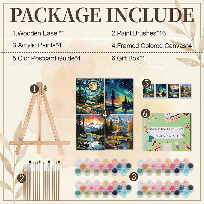 Qoosea Paint by Numbers Kit for Adults with Framed Canvas 4 Pack | Landscape Paint by Number Arts Kits for Beginner with Wooden Easel, Acrylic Set, Brushes for Home Decor, 9*12 Inch