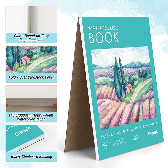 Creazic Watercolor Paper Pad, 9"x12" Water Color Paper (140lb/300gsm, 18 Sheets) - Artist Grade for Watercolor, Acrylic, Gouache & Drawing - Art Sketchbook, Watercolor Journal for Adults & Kids, Teal