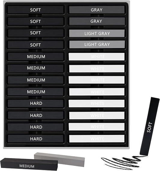 24 Pcs Compressed Charcoal Sticks with Soft, Medium, Hard and White Charcoal, Square Charcoal Stick Kit for Drawing, Sketching and Shading (12 Black + 4 Gray + 8 White)