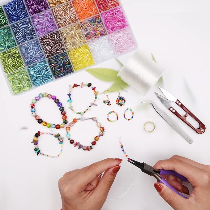 EuTengHao 9600pcs Tube Beads Kit Glass Bugle Seed Beads Small Craft Beads for DIY Bracelet Necklaces Crafting Jewelry Making Supplies with Two Crystal String (7mm, 400 Per Color, 24 Colors)
