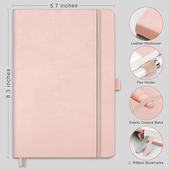 RETTACY Lined Journal Notebook, 192 Numbered Pages, A5 Size (5.7'' x 8.3'') | Leather Hardcover, 100 GSM Thick Paper, for Men & Women, Journaling, Writing, Work & Office (Rose gold)