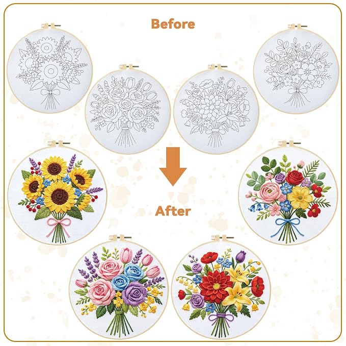 BEUNITONE 4pcs Embroidery Kit, Flower Stamped Embroidery Kits with Hoop, Thread & Needles, Colorful Bouquet Cross Stitch Kits Sewing Gifts for Adults and Beginners, DIY Craft for Relaxation