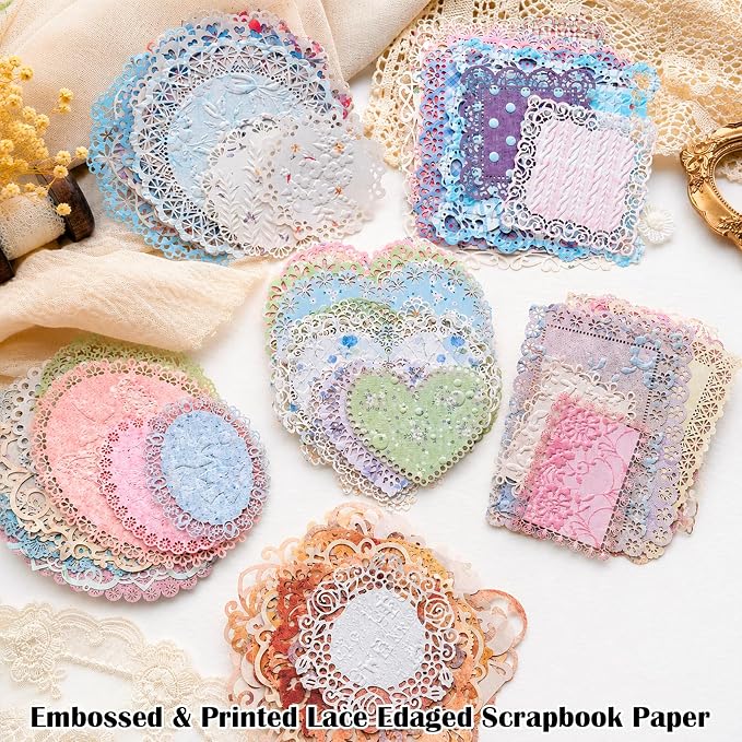 84 Sheets Lace-Edged Scrapbook Paper, 6 Themes Embossed Scrapbooking Paper