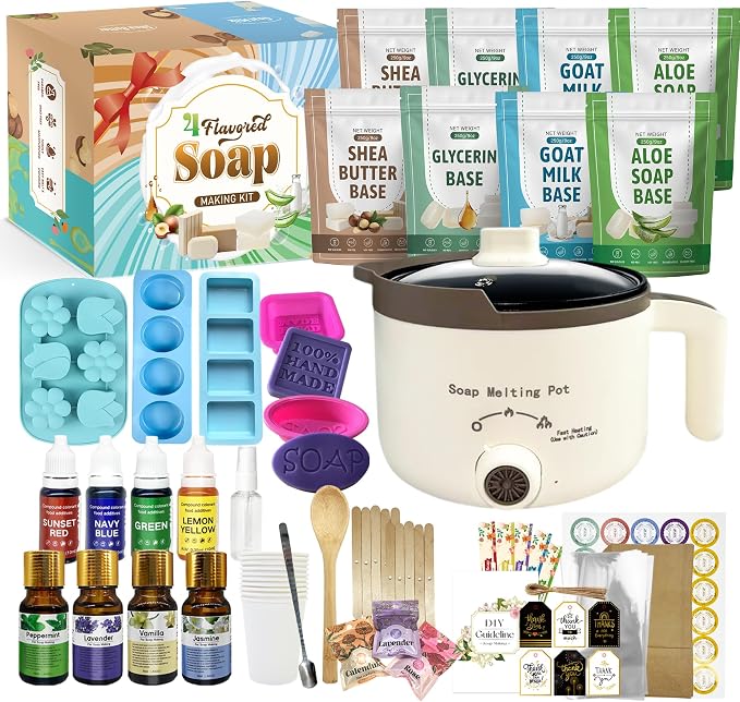 LFISGNN Premium Soap Making Kit with 4 Flavored 4.4 lbs Soap Base | Including Soap Melter, Soap Base (Shea Butter, Glycerin, Aloe, Goat Milk), 4 Essential Oils / Dyes, 5 Soap Molds and Supplies