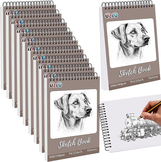 10 Pcs Sketch Book Bulk 9 x 12 in 400 Sheets Top Spiral Bound Sketch Pad Drawing Paper 40 Sheets Each Acid Free Mixed Media Sketchbook 68lb/100gsm Art Supplies for Beginner Artist